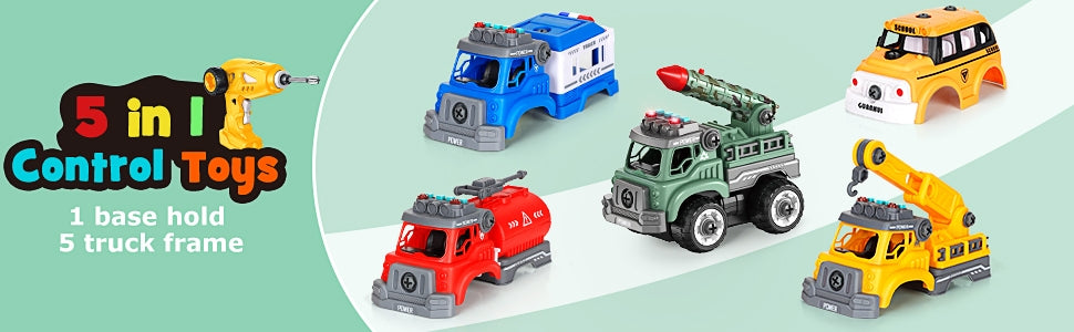 Take Apart Toys with Electric Drill, 5 in 1 Rechargeable Construction Truck Set with Sound and Light, Converts to Remote Control Car, Ideal Birthday for 3 4 5 6 Year - Kids Electric Cars & Toys