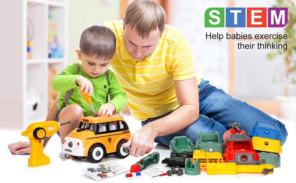 Take Apart Toys with Electric Drill, 5 in 1 Rechargeable Construction Truck Set with Sound and Light, Converts to Remote Control Car, Ideal Birthday for 3 4 5 6 Year - Kids Electric Cars & Toys