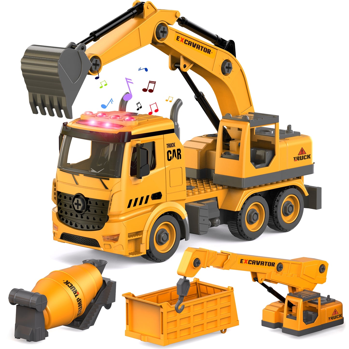 Construction Truck Toys for 4 5 6 Years Old Kids, 4-in-1 Take Apart Toys with Electric Drill, 1 Truck and 4 Backs to Swap Out to be Dump, Mixer, Excavator & Crane - Kids Electric Cars & Toys