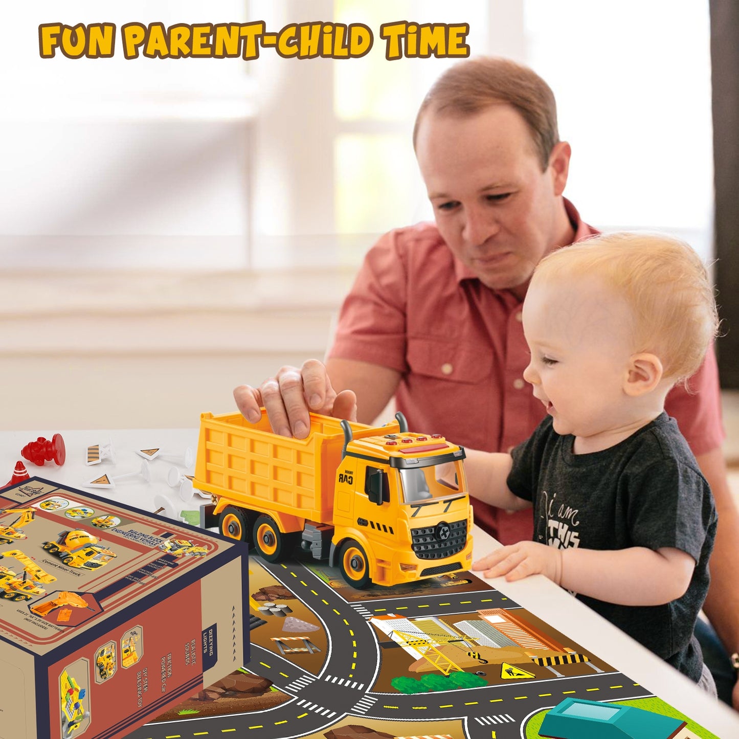 Construction Truck Toys for 4 5 6 Years Old Kids, 4-in-1 Take Apart Toys with Electric Drill, 1 Truck and 4 Backs to Swap Out to be Dump, Mixer, Excavator & Crane - Kids Electric Cars & Toys