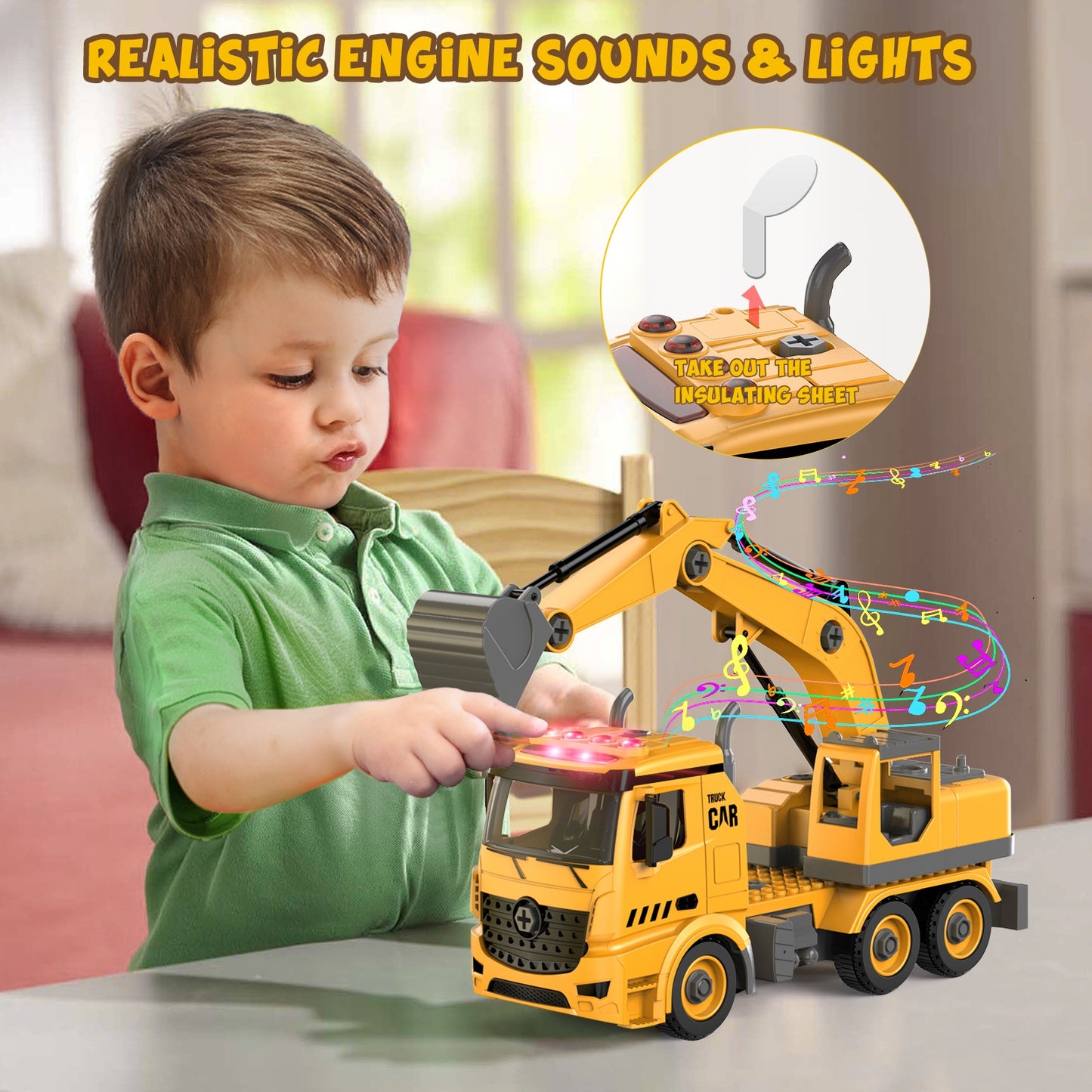 Construction Truck Toys for 4 5 6 Years Old Kids, 4-in-1 Take Apart Toys with Electric Drill, 1 Truck and 4 Backs to Swap Out to be Dump, Mixer, Excavator & Crane - Kids Electric Cars & Toys