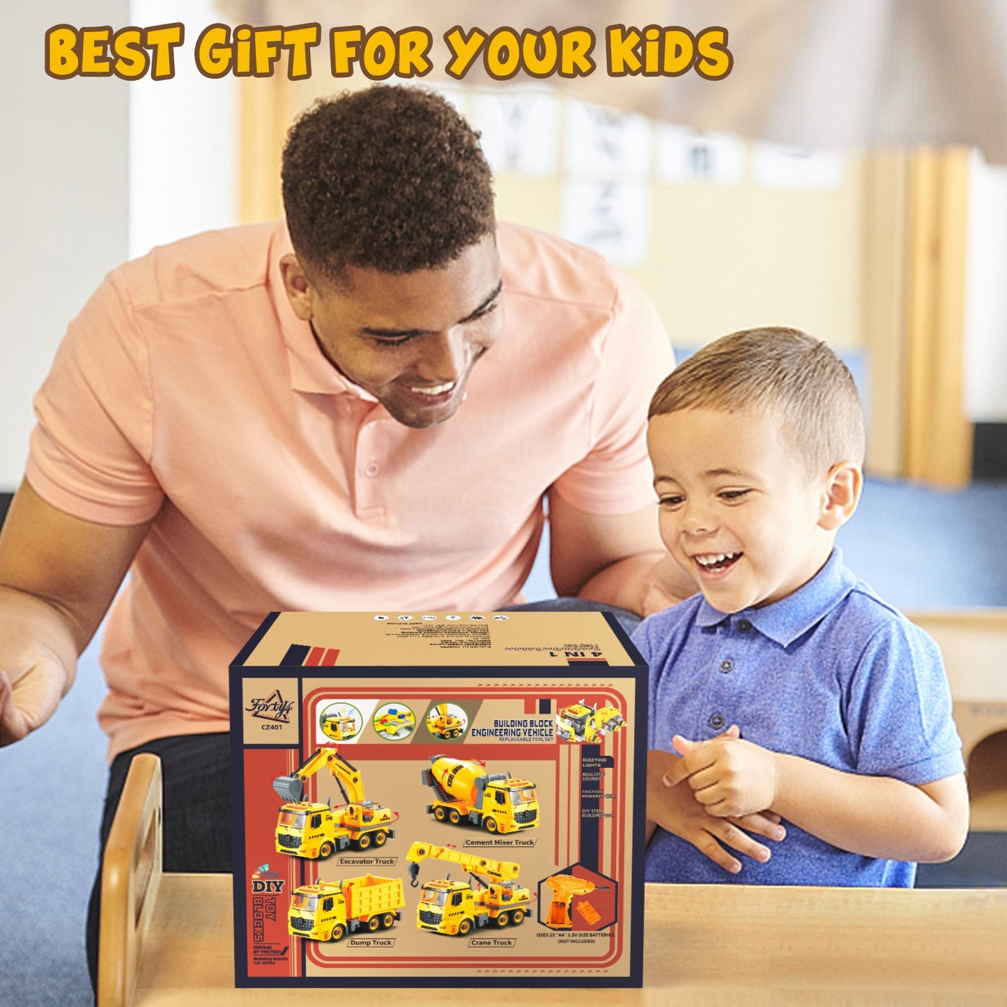 Construction Truck Toys for 4 5 6 Years Old Kids, 4-in-1 Take Apart Toys with Electric Drill, 1 Truck and 4 Backs to Swap Out to be Dump, Mixer, Excavator & Crane - Kids Electric Cars & Toys