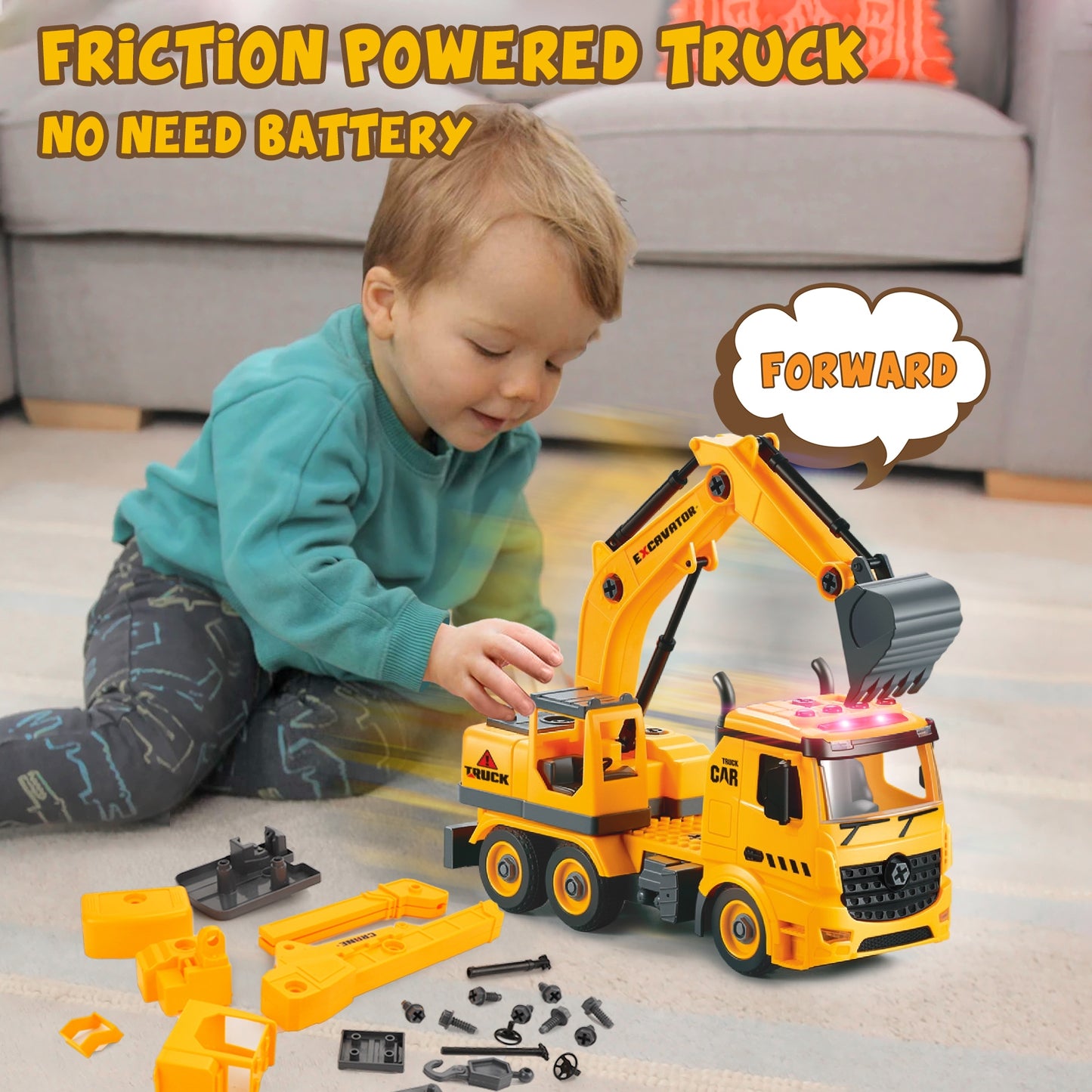 Construction Truck Toys for 4 5 6 Years Old Kids, 4-in-1 Take Apart Toys with Electric Drill, 1 Truck and 4 Backs to Swap Out to be Dump, Mixer, Excavator & Crane - Kids Electric Cars & Toys