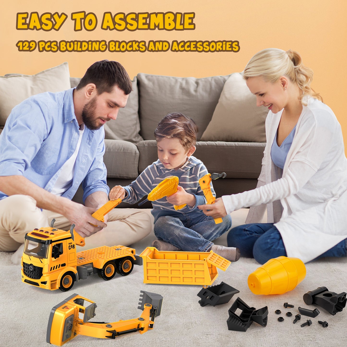 Construction Truck Toys for 4 5 6 Years Old Kids, 4-in-1 Take Apart Toys with Electric Drill, 1 Truck and 4 Backs to Swap Out to be Dump, Mixer, Excavator & Crane - Kids Electric Cars & Toys