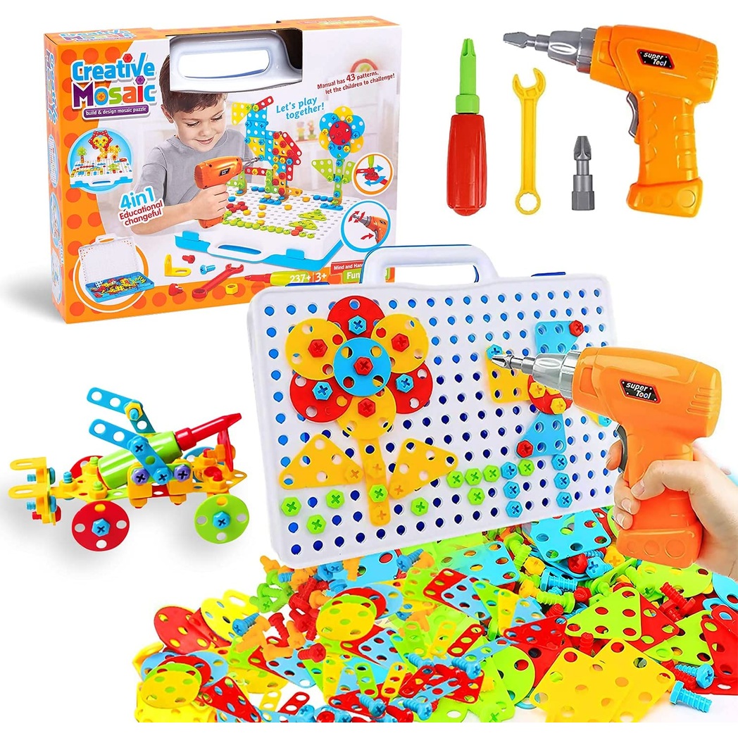 237 Pieces Creative Toy Drill Puzzle Set, STEM Learning Educational Toys, 3D Construction Engineering Building Blocks for Boys and Girls Ages 3 4 5 6 7 8 9 10 Year Old - Kids Electric Cars & Toys