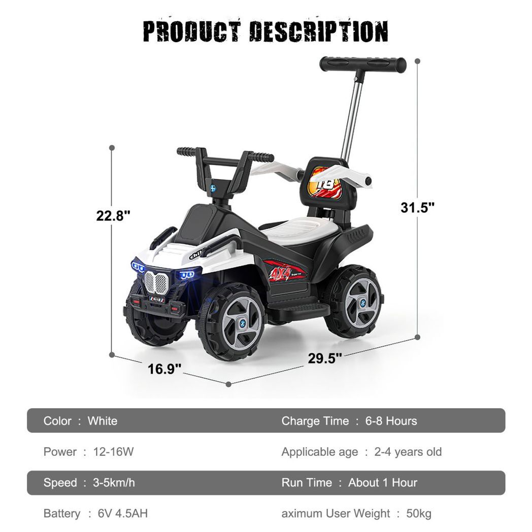 6V Kids Ride-On Electric ATV, 4-Wheeler Quad Car Toy with LED Headlights, Bluetooth - Kids Electric Cars & Toys