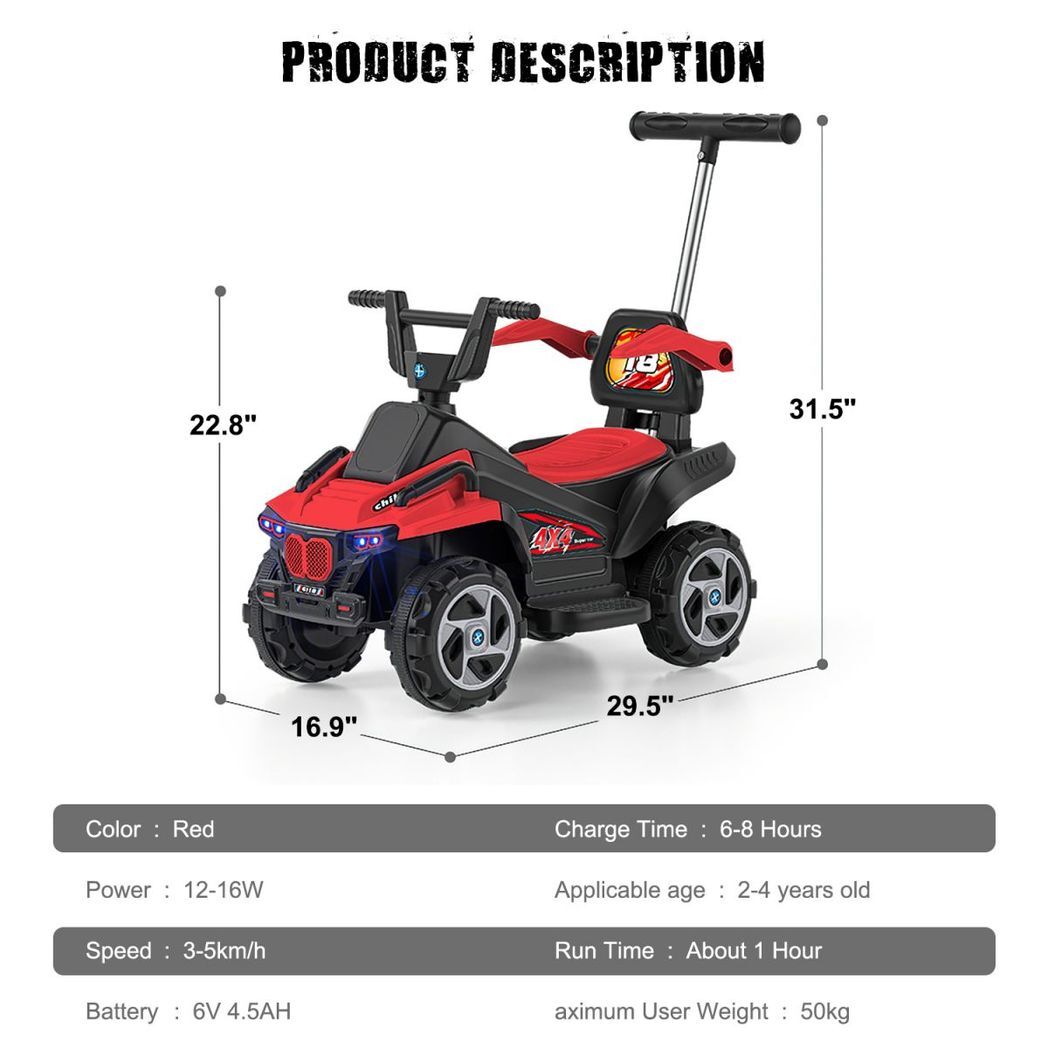 6V Kids Ride-On Electric ATV, 4-Wheeler Quad Car Toy with LED Headlights, Bluetooth - Kids Electric Cars & Toys