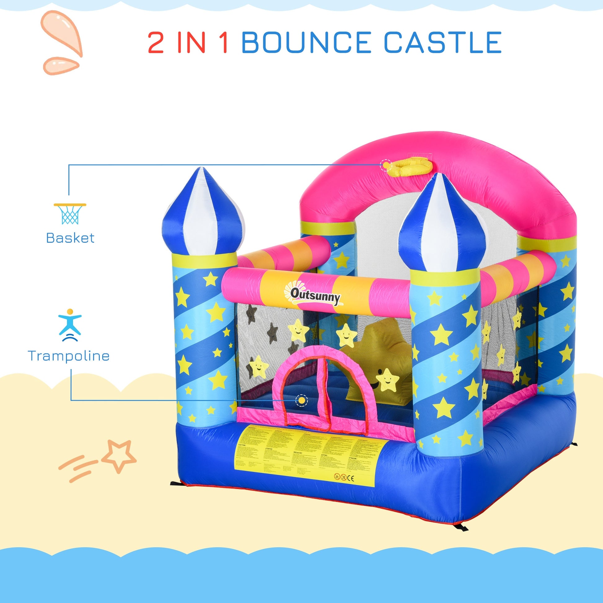 Kids Bouncy Castle House Trampoline Basket Blower for Age 3-10  Blue -  Kids Electric Cars & Toys
