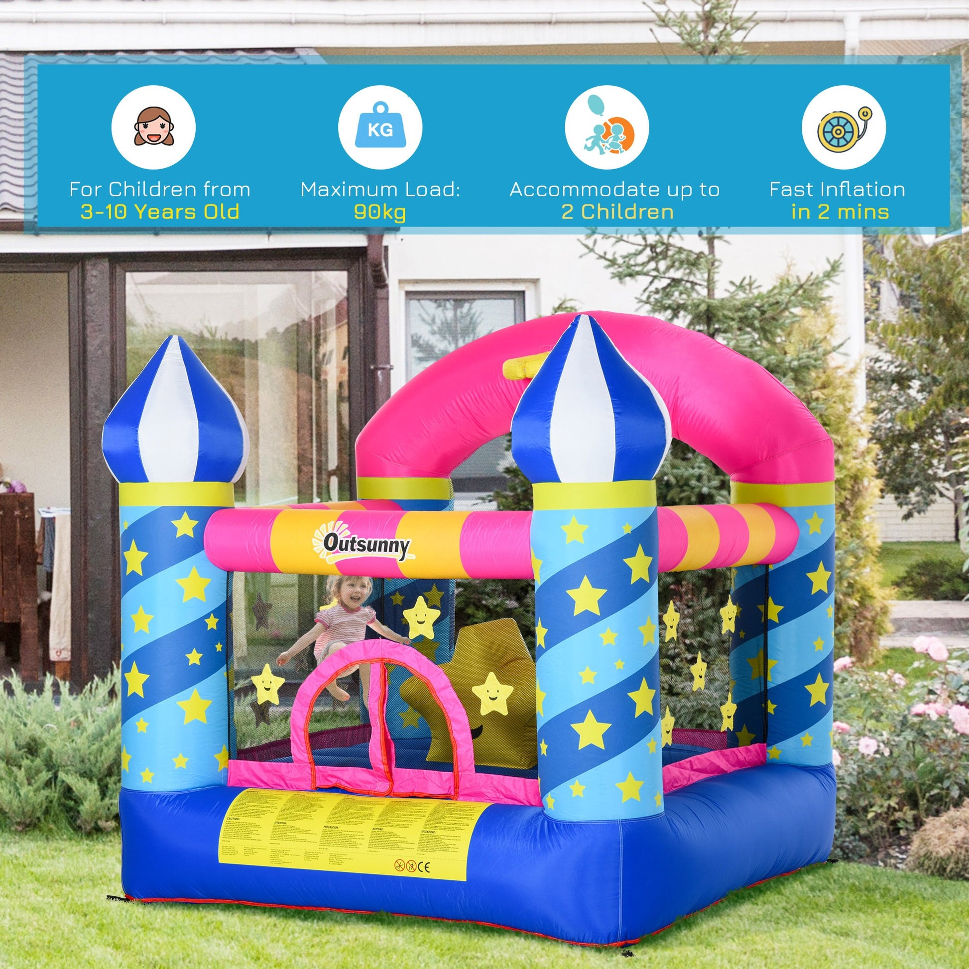 Kids Bouncy Castle House Trampoline Basket Blower for Age 3-10  Blue -  Kids Electric Cars & Toys