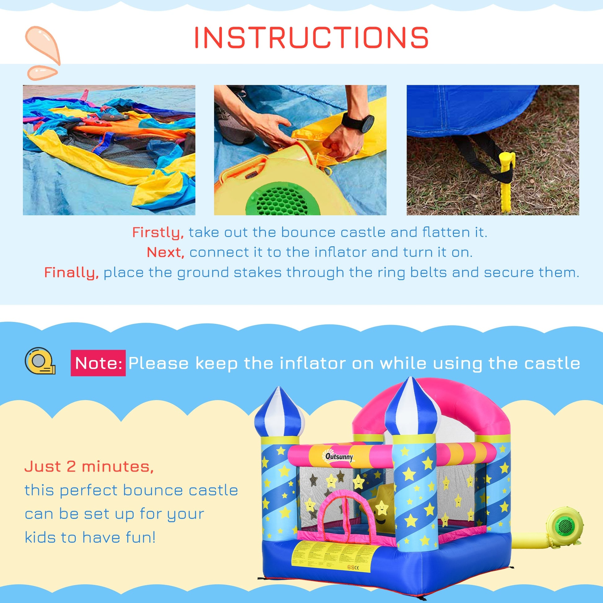 Kids Bouncy Castle House Trampoline Basket Blower for Age 3-10  Blue -  Kids Electric Cars & Toys