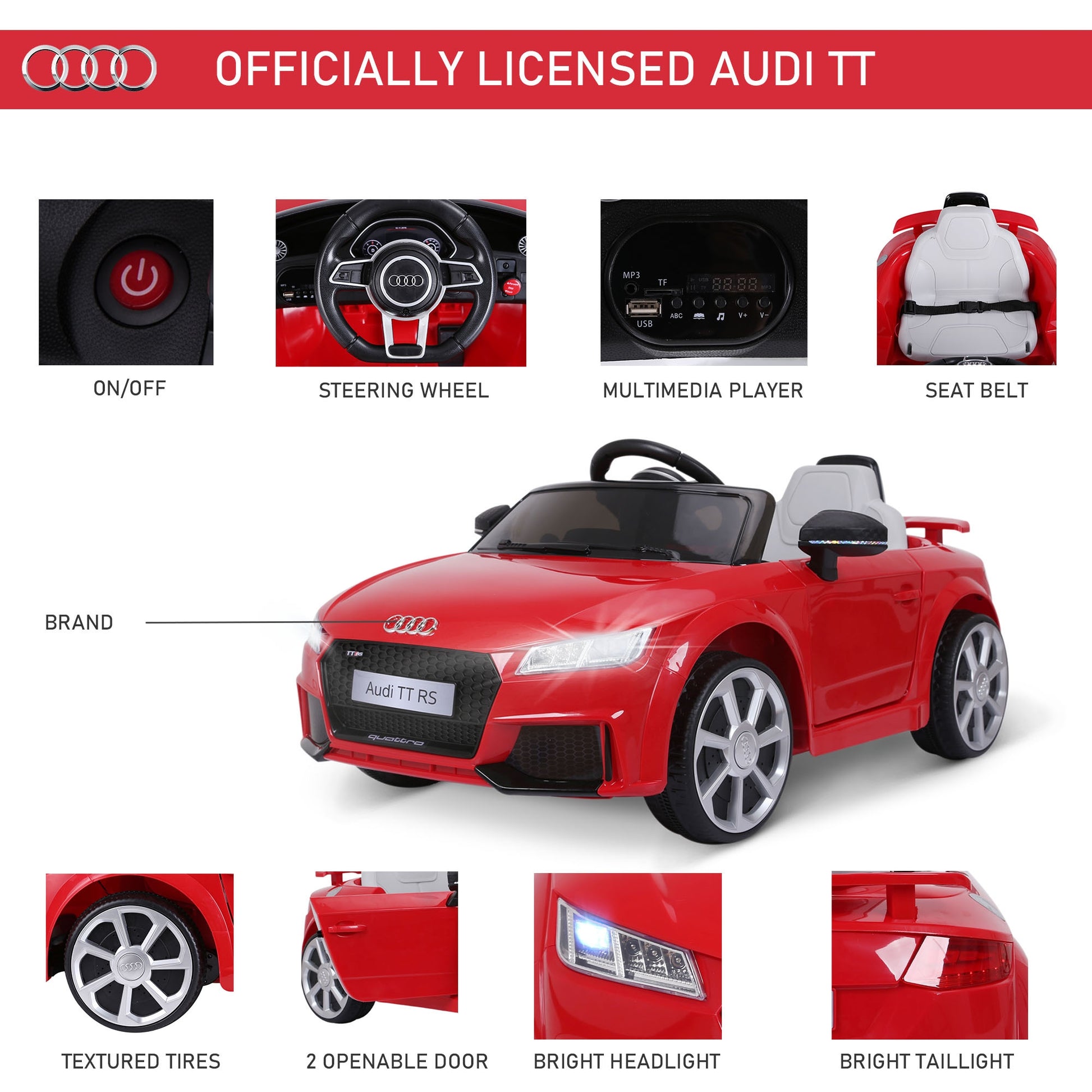 Licensed Audi Tt Ride On Car W/ Remote Headlight Mp3 Red 12v Battery -  Kids Electric Cars & Toys