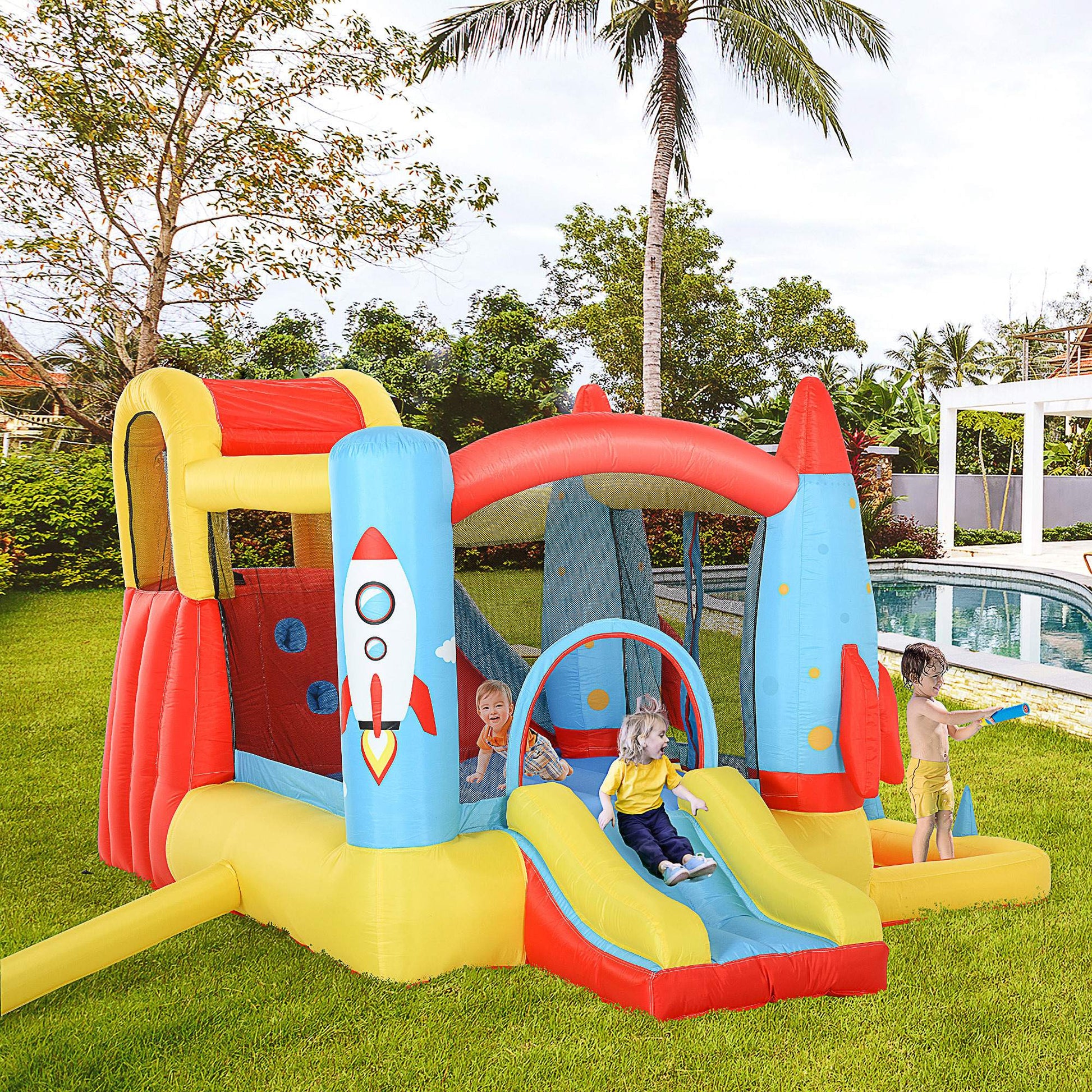 Bouncy Castle with Slide Pool Rocket Trampoline w/ Carrybag Blower -  Kids Electric Cars & Toys