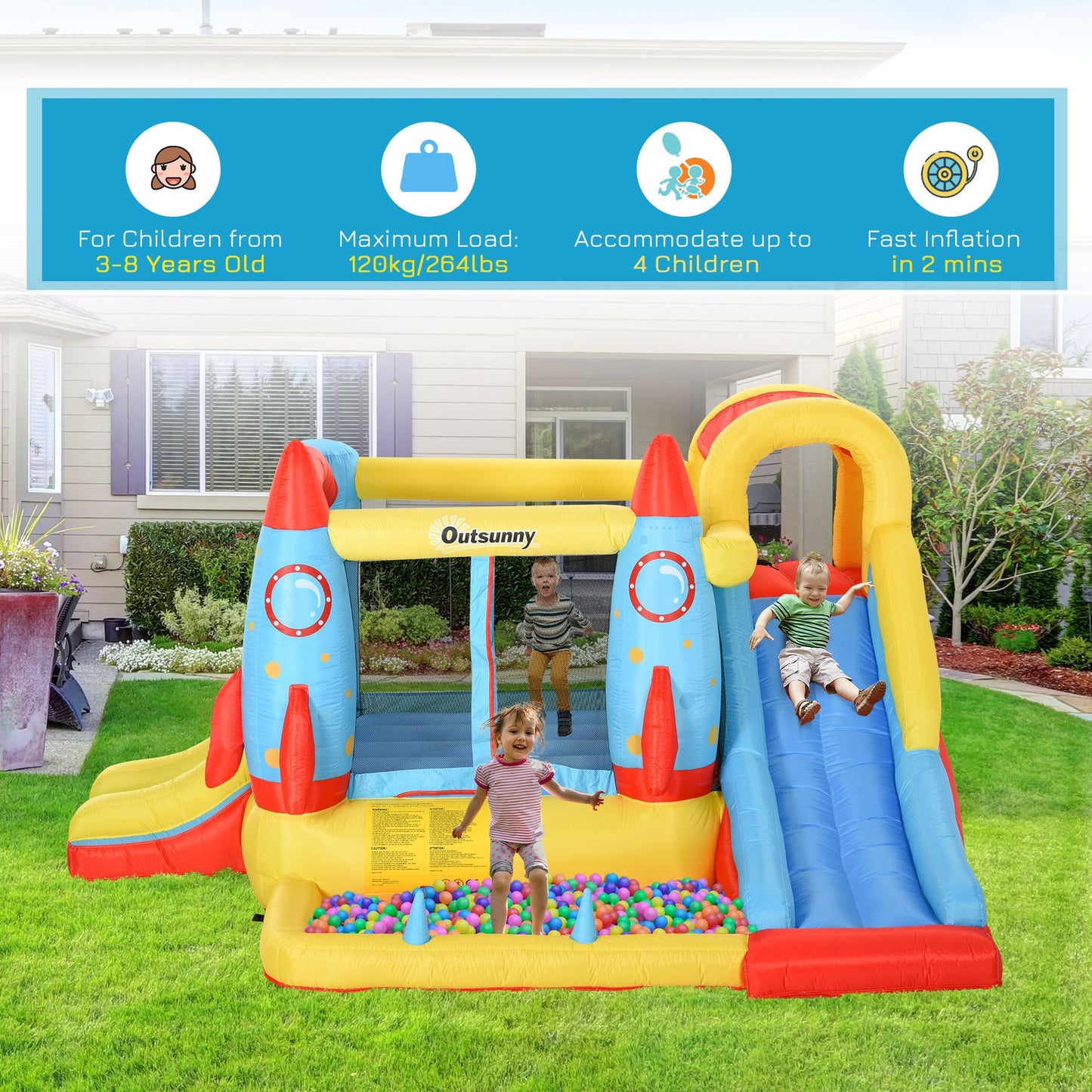 Bouncy Castle with Slide Pool Rocket Trampoline w/ Carrybag Blower -  Kids Electric Cars & Toys