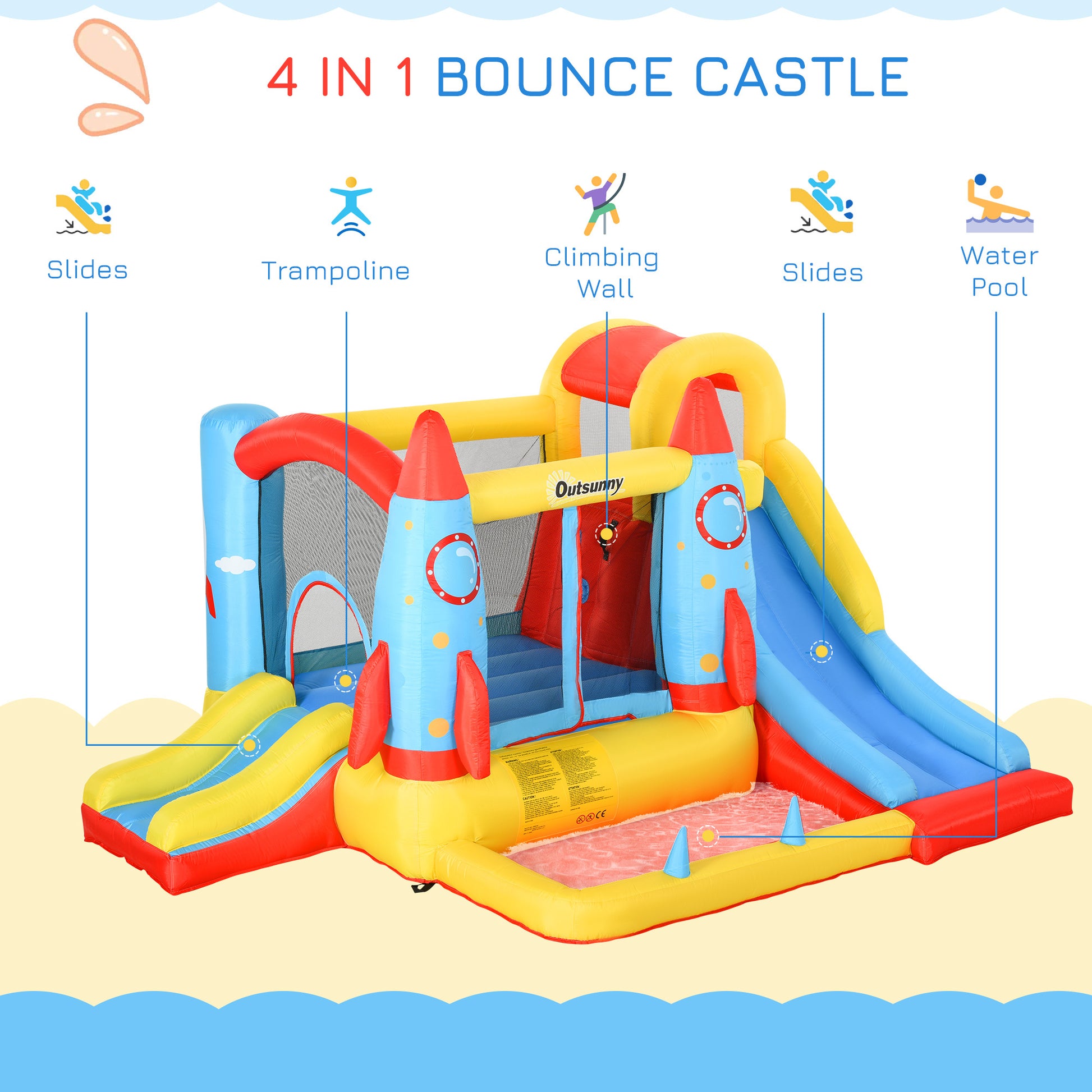 Bouncy Castle with Slide Pool Rocket Trampoline w/ Carrybag Blower -  Kids Electric Cars & Toys