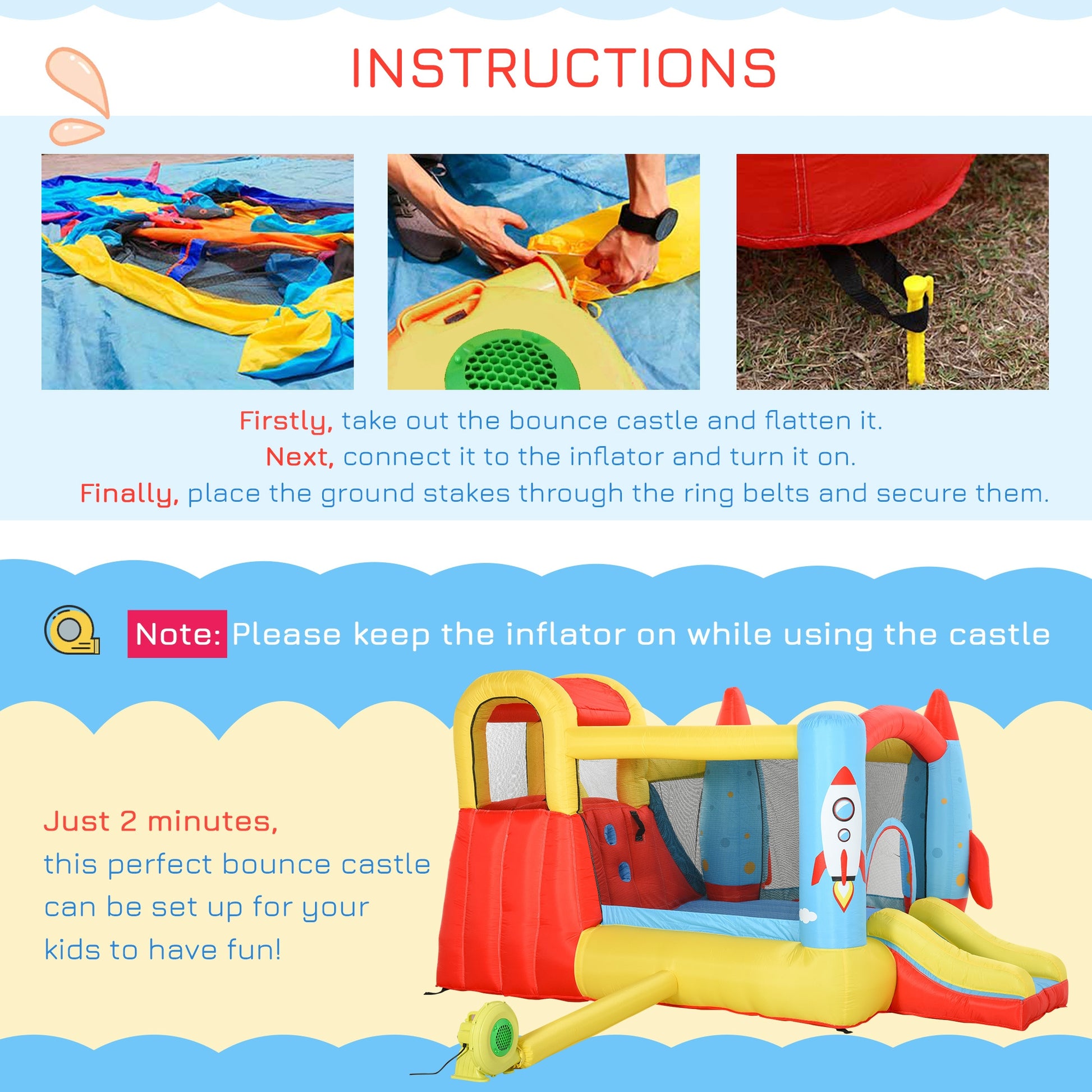 Bouncy Castle with Slide Pool Rocket Trampoline w/ Carrybag Blower -  Kids Electric Cars & Toys