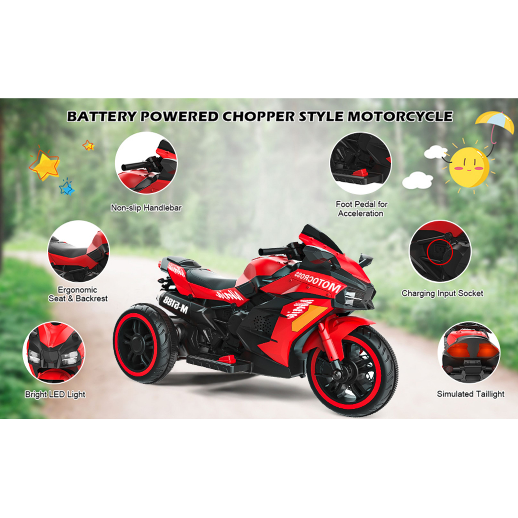 12V Battery Motorcycle, 3Wheel Motorbike Kids Rechargeable Ride On Car Electric Cars Motorcycles--RED -  Kids Electric Cars & Toys