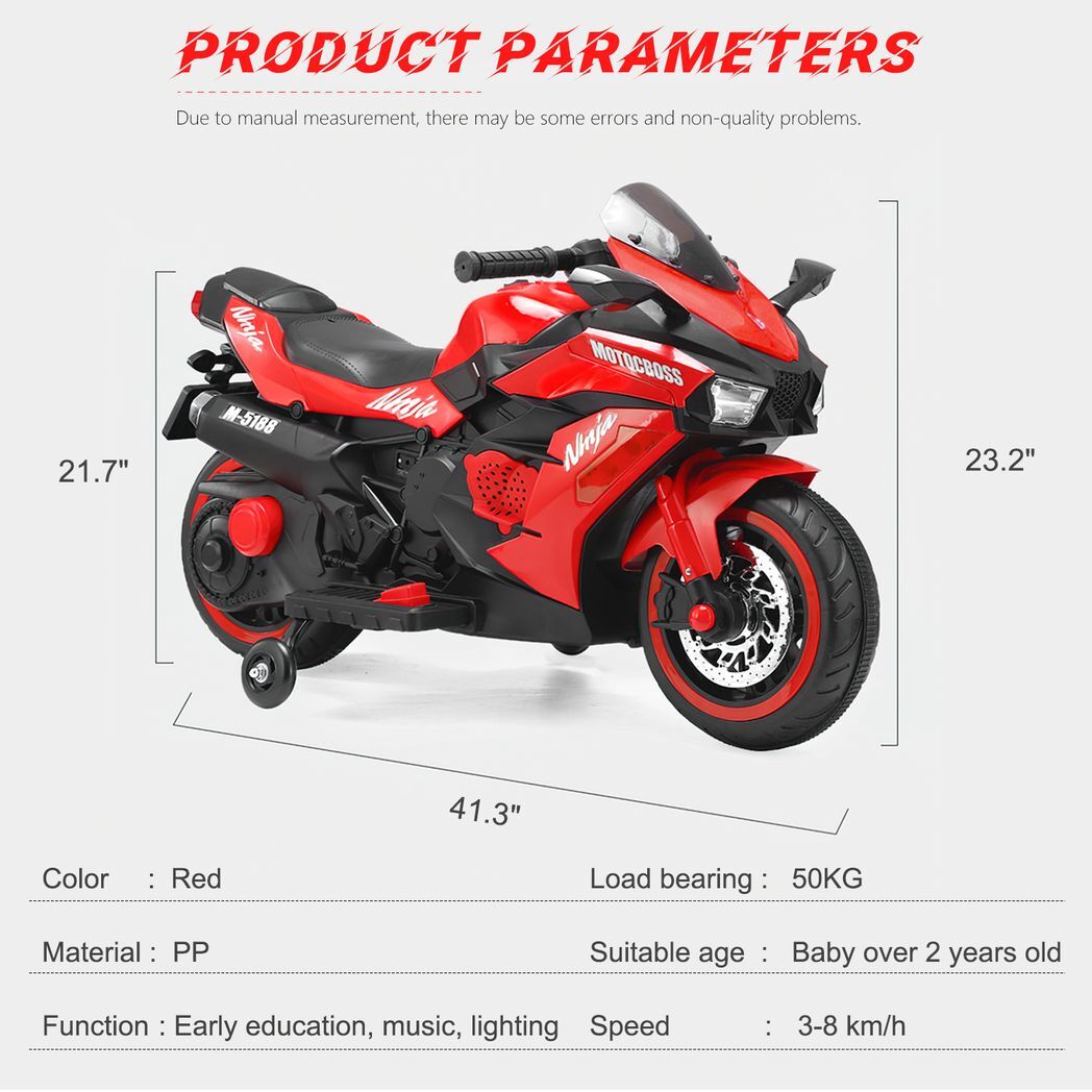 12V Battery Motorcycle, 2 Wheel Motorbike Kids Rechargeable Ride On Car Electric Cars Motorcycles--RED -  Kids Electric Cars & Toys