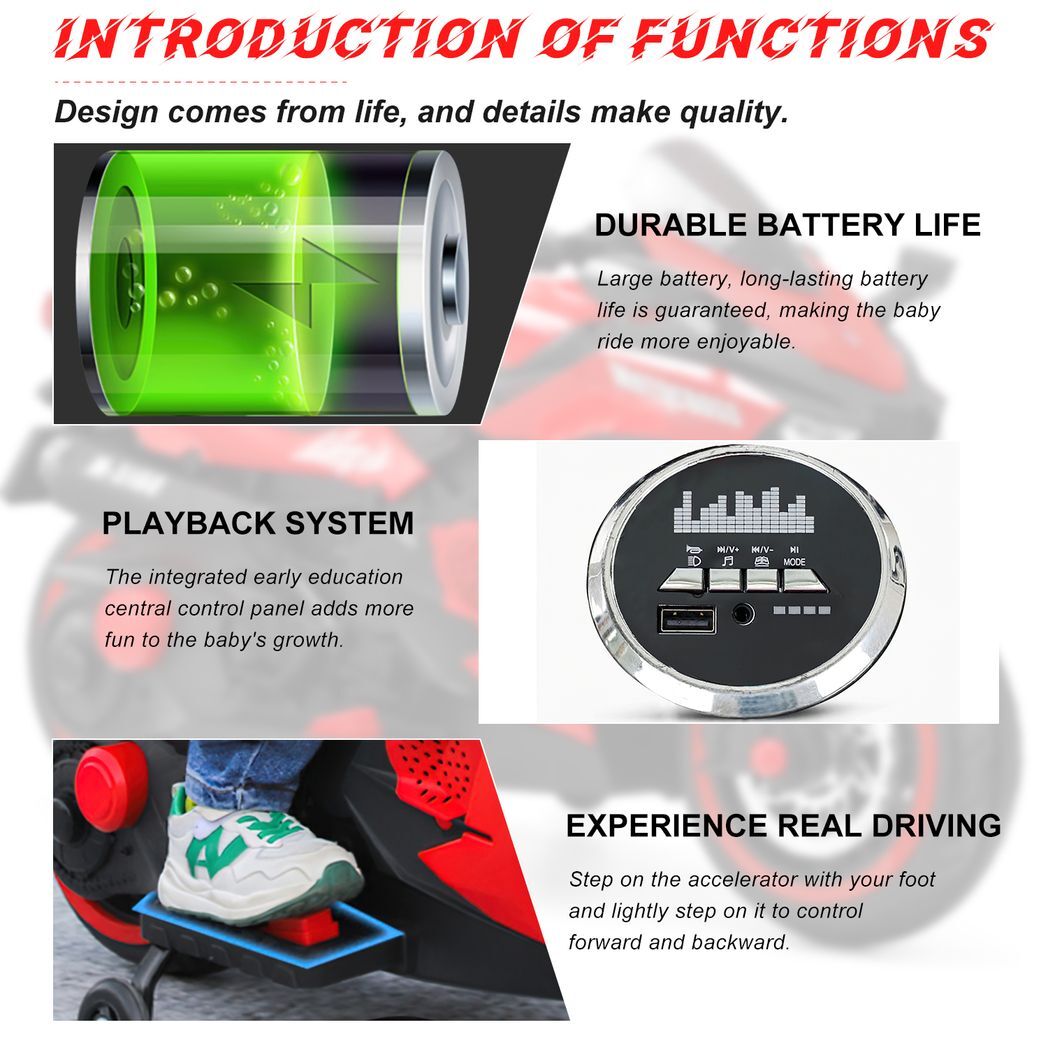 12V Battery Motorcycle, 2 Wheel Motorbike Kids Rechargeable Ride On Car Electric Cars Motorcycles--RED -  Kids Electric Cars & Toys