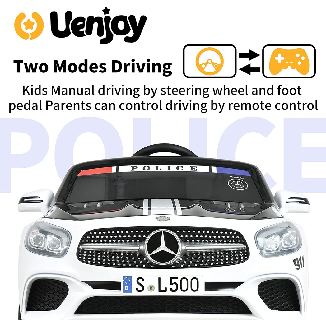 Uenjoy 12V Kids Ride On Police Car Mercedes-Benz SL500 Electric Cars Motorized Vehicles for Boys & Girls, W/Remote Control, Spring Suspension, Siren, LED Lights, Music, Bluetooth, Safety Lock,White -  Kids Electric Cars & Toys