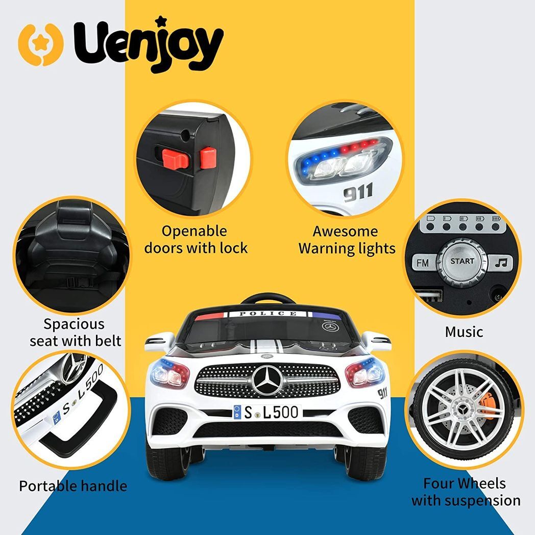 Uenjoy 12V Kids Ride On Police Car Mercedes-Benz SL500 Electric Cars Motorized Vehicles for Boys & Girls, W/Remote Control, Spring Suspension, Siren, LED Lights, Music, Bluetooth, Safety Lock,White -  Kids Electric Cars & Toys