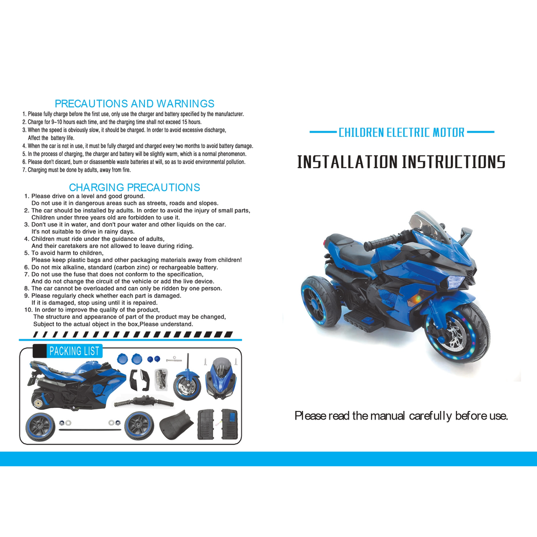 12V Battery Motorcycle,3Wheel Motorbike Kids Rechargeable Ride On Car Electric Cars Motorcycles--BLUE -  Kids Electric Cars & Toys