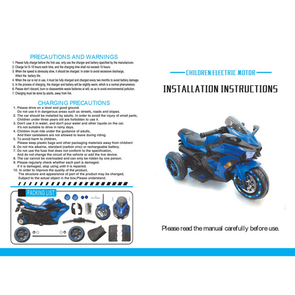 12V Battery Motorcycle,3Wheel Motorbike Kids Rechargeable Ride On Car Electric Cars Motorcycles--BLUE -  Kids Electric Cars & Toys