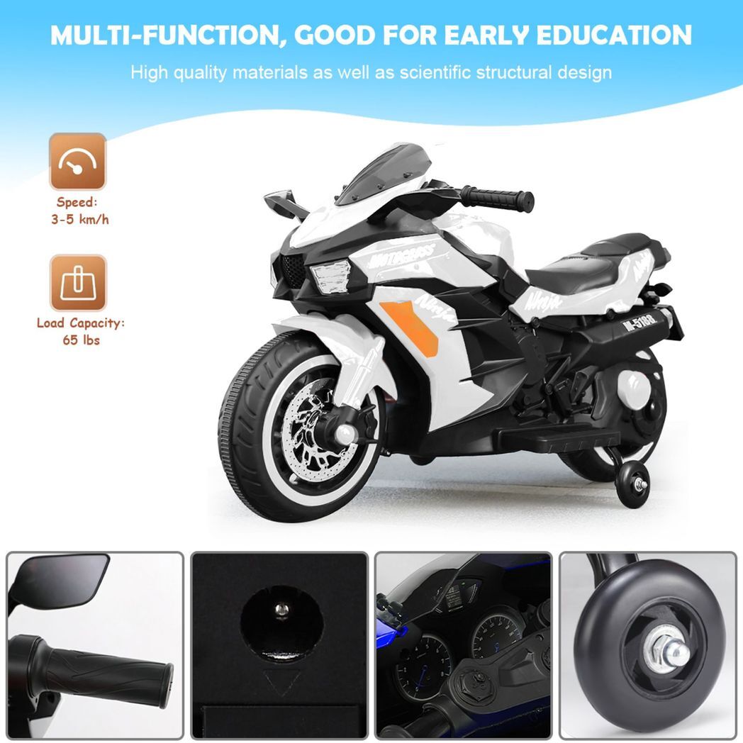 12V Battery Motorcycle, 2 Wheel Motorbike Kids Rechargeable Ride On Car Electric Cars Motorcycles--WHITE -  Kids Electric Cars & Toys