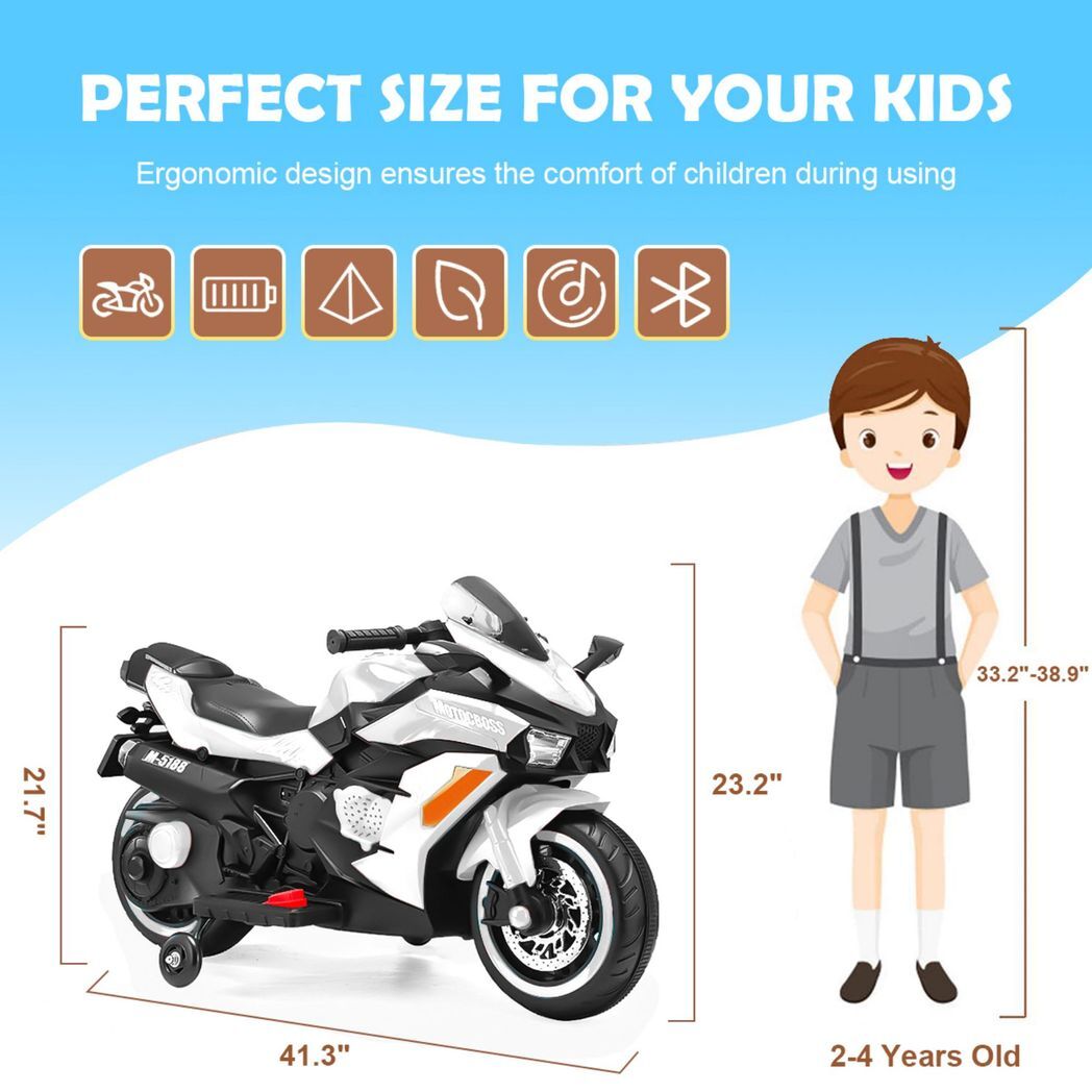 12V Battery Motorcycle, 2 Wheel Motorbike Kids Rechargeable Ride On Car Electric Cars Motorcycles--WHITE -  Kids Electric Cars & Toys