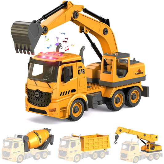 Construction Truck Toys for 4 5 6 Years Old Kids, 4-in-1 Take Apart Toys with Electric Drill, 1 Truck and 4 Backs to Swap Out to be Dump, Mixer, Excavator & Crane -  Kids Electric Cars & Toys