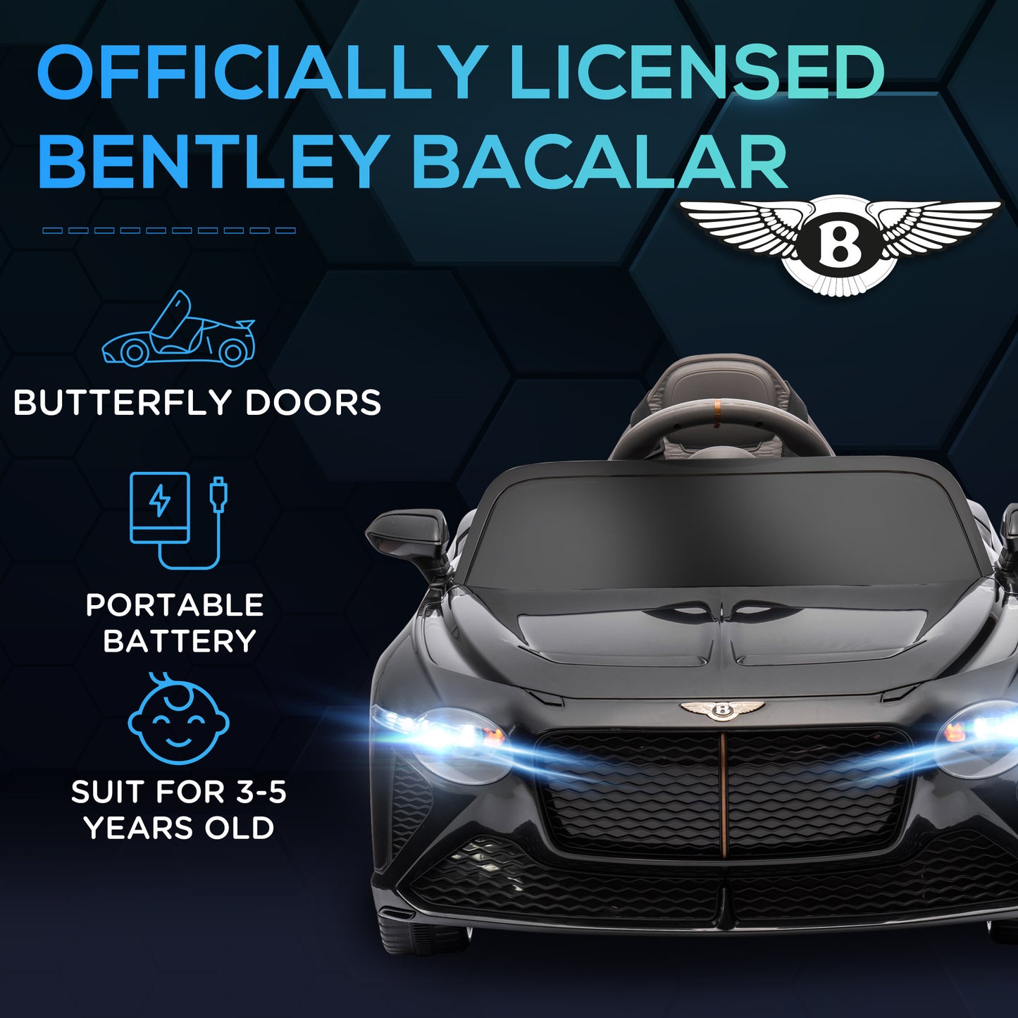 Bentley Bacalar Licensed 12V Kids Electric Car w/ Portable Battery - Black -  Kids Electric Cars & Toys