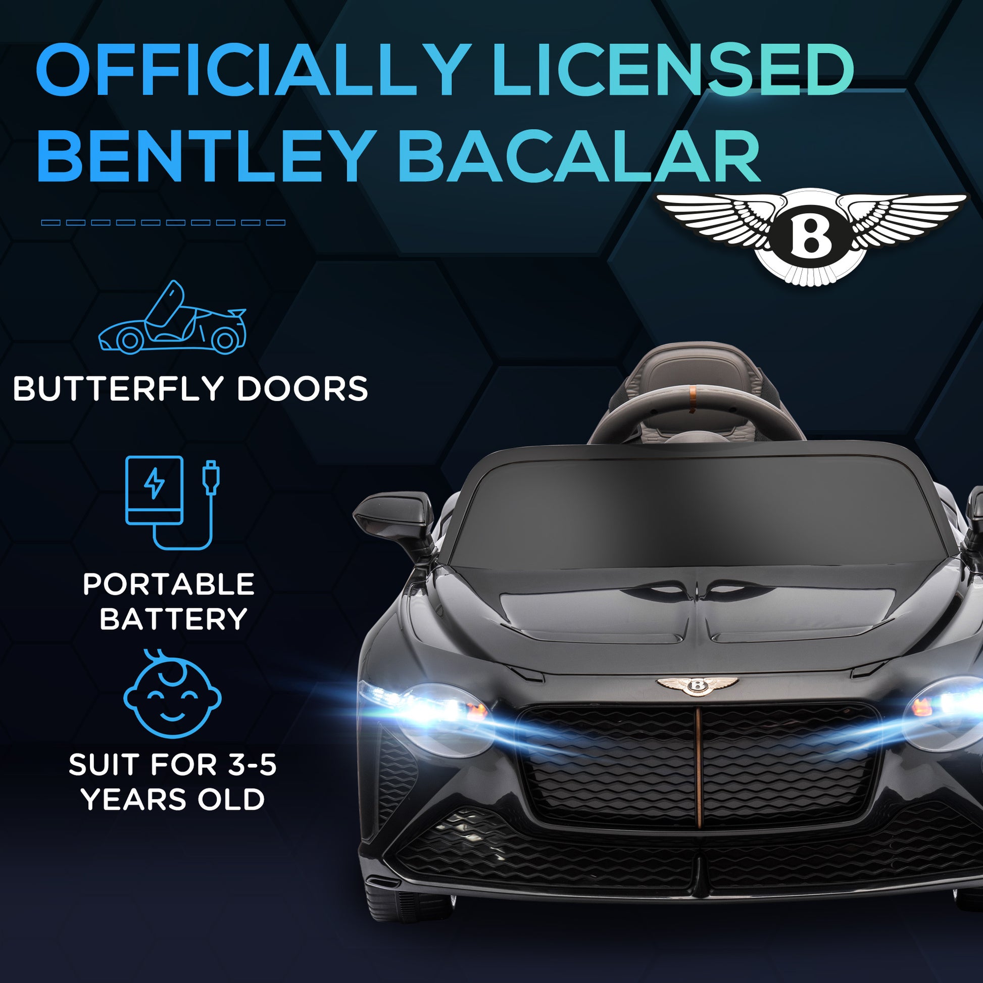 Bentley Bacalar Licensed 12V Kids Electric Car w/ Portable Battery - Black -  Kids Electric Cars & Toys