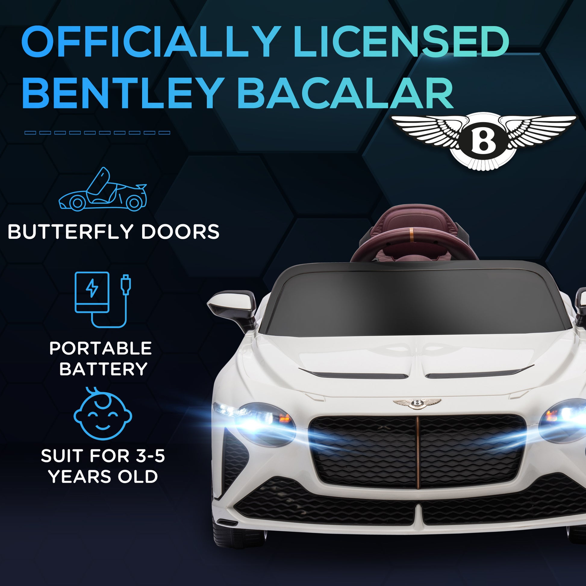 Bentley Bacalar Licensed 12V Kids Electric Car w/ Portable Battery - White -  Kids Electric Cars & Toys